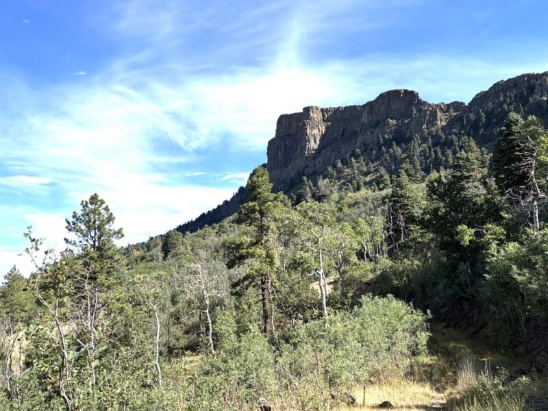 Fishers Peak rises 9,633 feet above Fishers Peak State Park, viewed from a park service road.