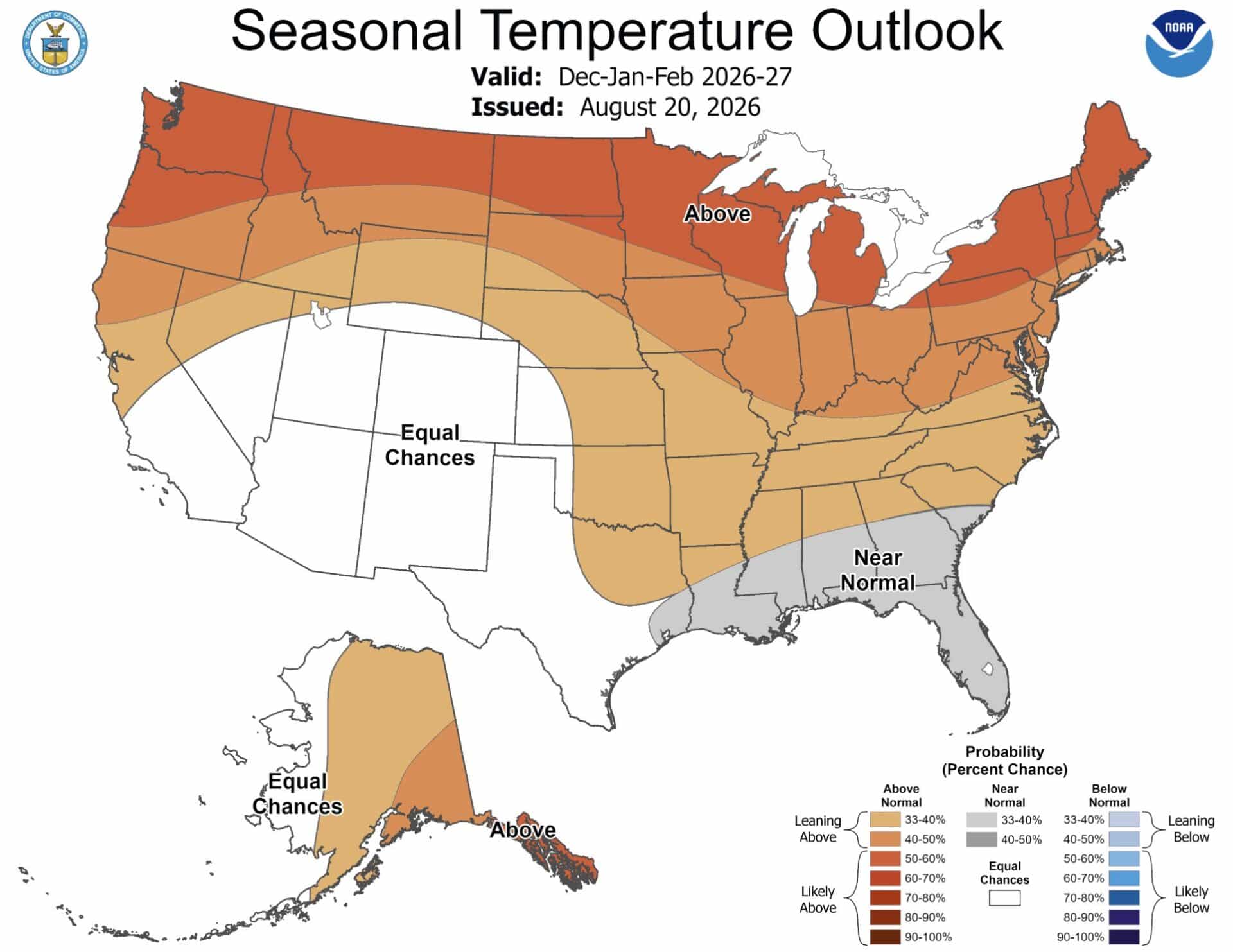 NOAA's seasonal temperature outlook for winter 2026-2027.