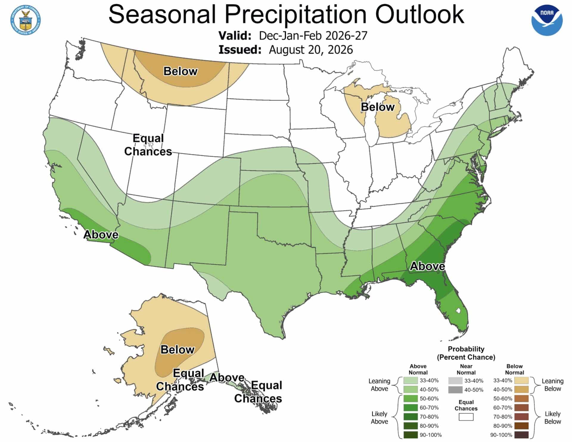 NOAA's seasonal precipitation outlook for winter 2026-2027.