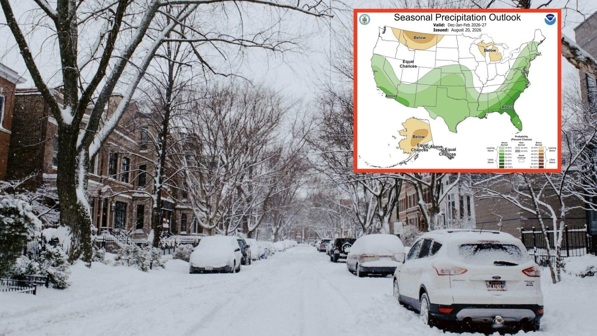 Winter street scene with snow-covered cars and trees in a residential neighborhood.