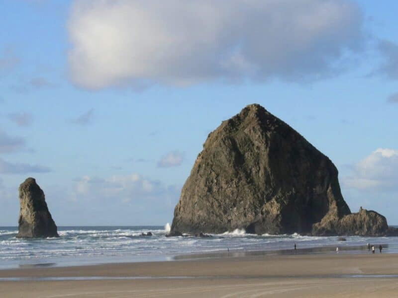 Haystack Rock in Oregon, where two paragliders were cited for disturbing wildlife.