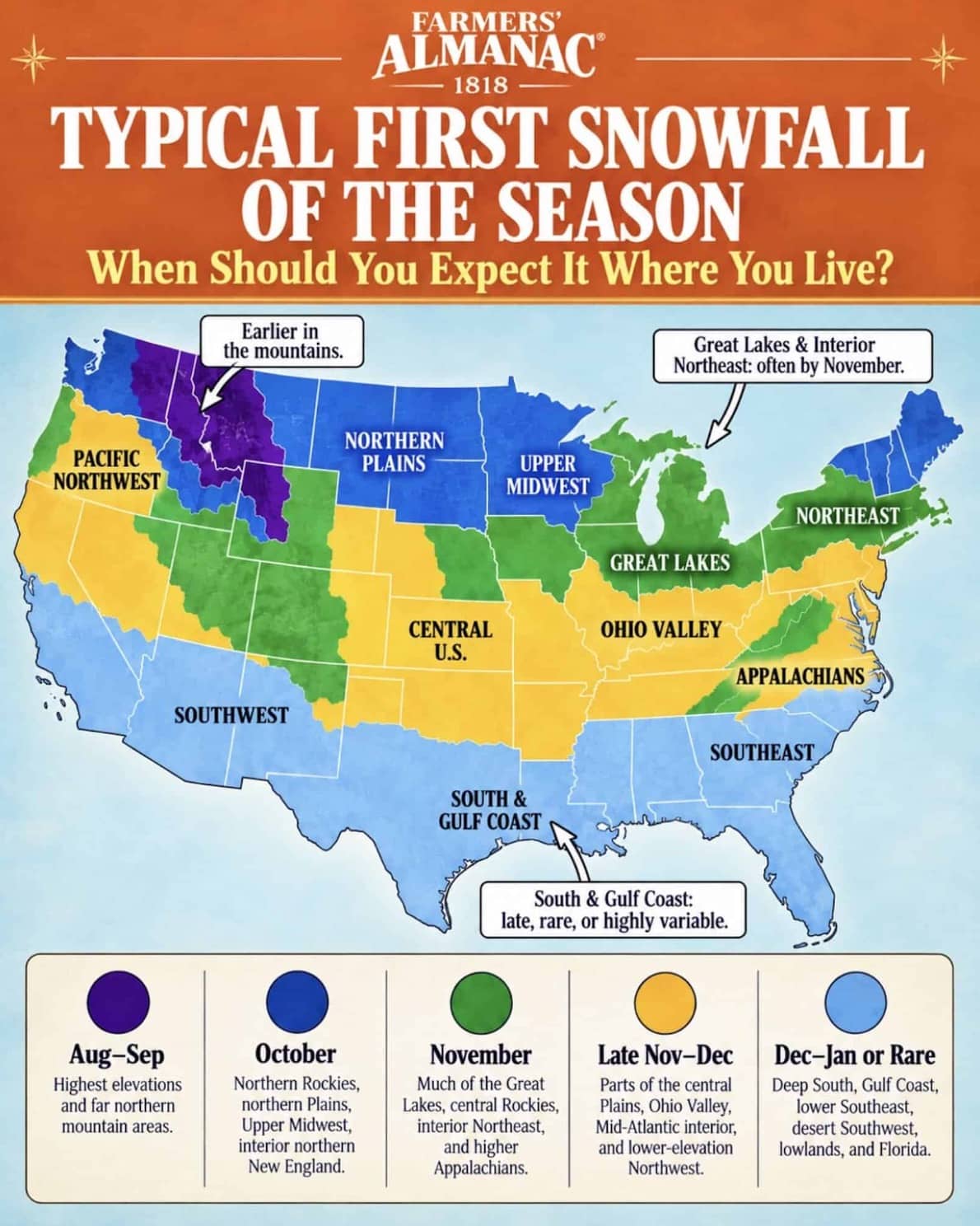 Farmers' Almanac first snowfall forecast map.