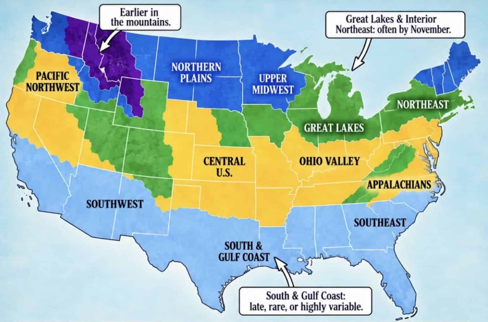 Farmers' Almanac first snowfall forecast map.