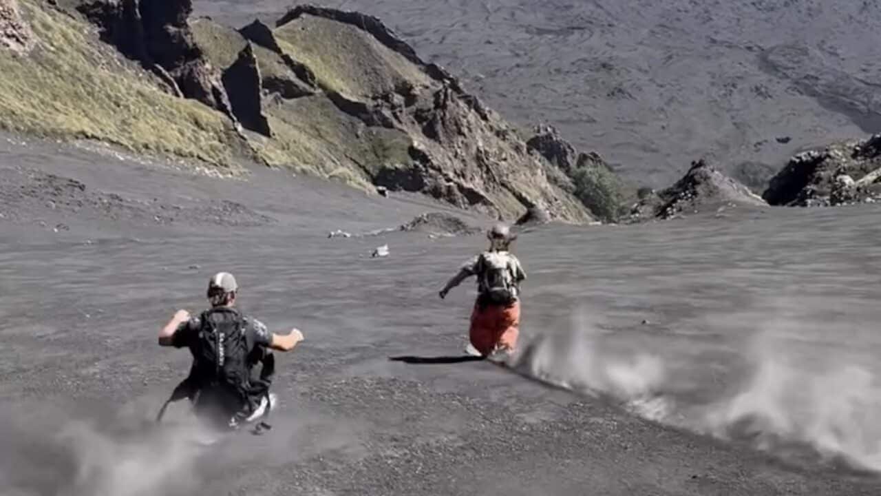 Skiing on the side of a volcano.