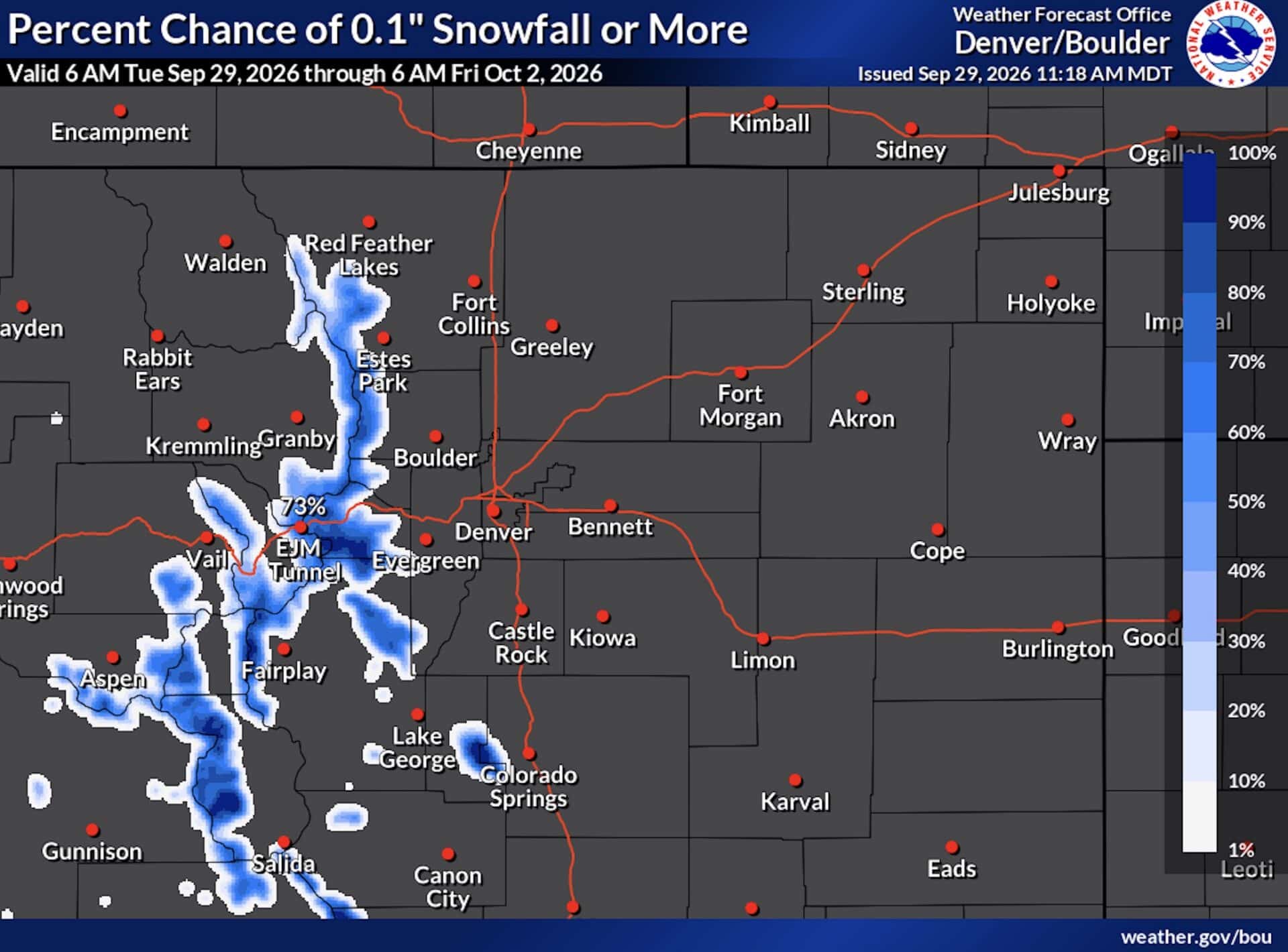 Percent chance of 0.1" of snowfall or more.