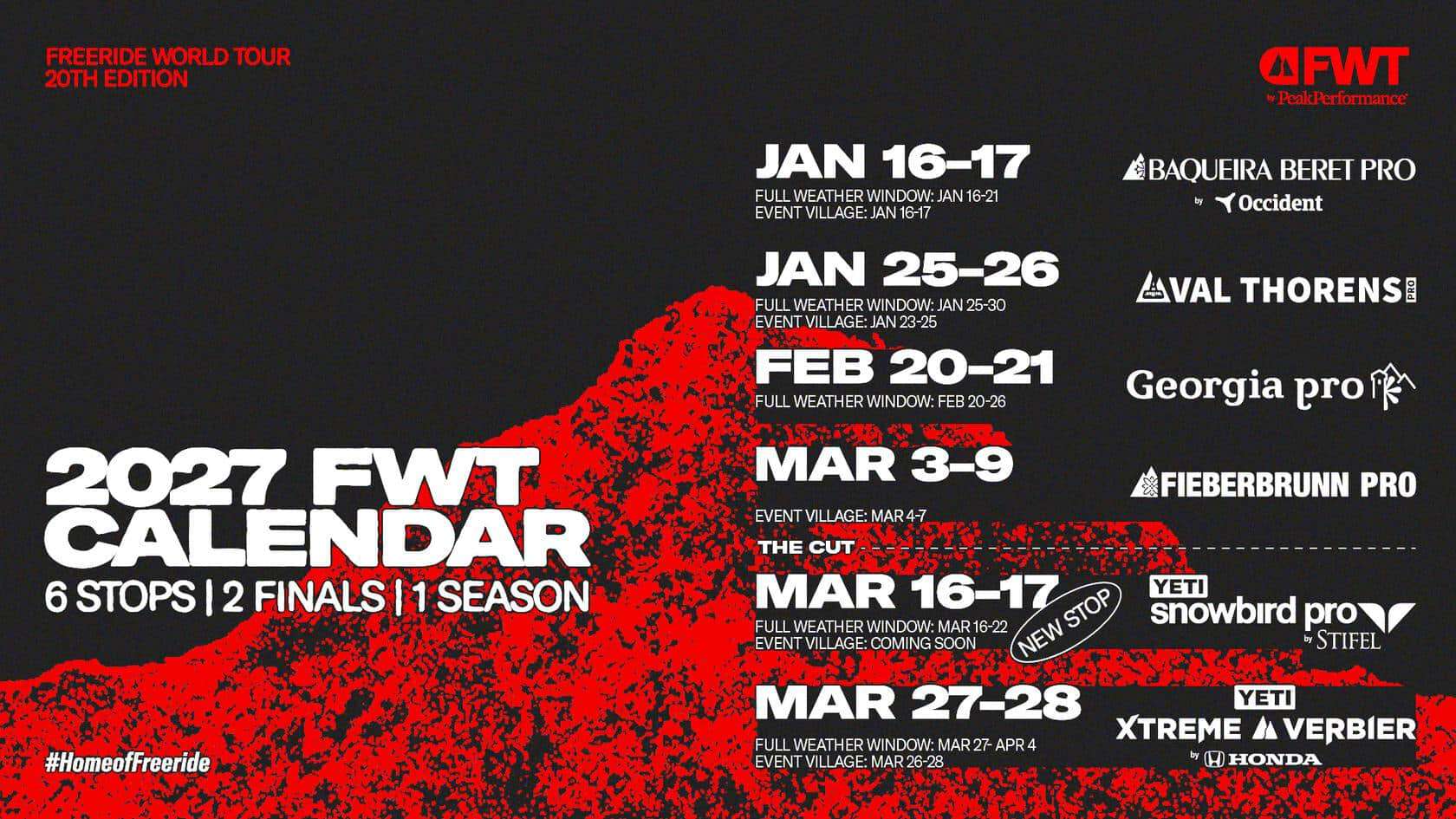 Freeride World Tour 2027 calendar image with events and dates.