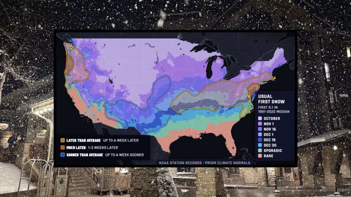 Map showing first snowfall predictions across regions for the season.