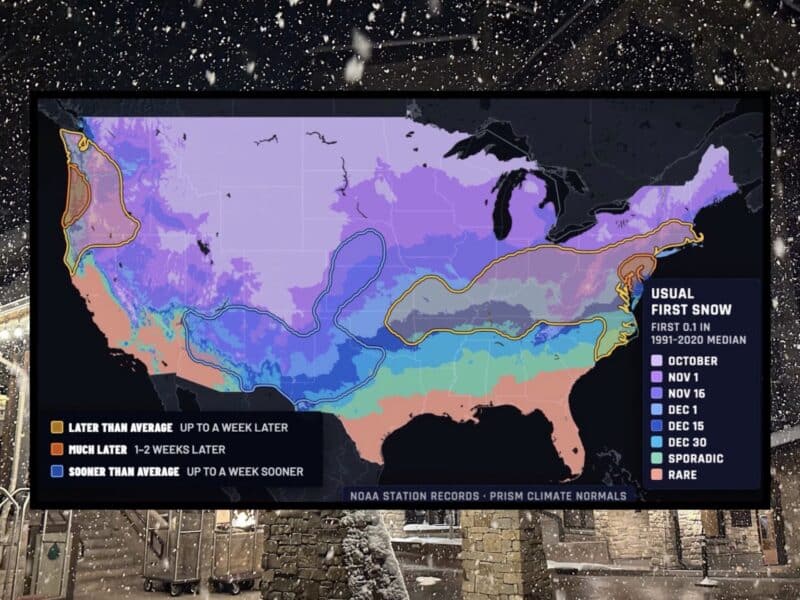 Map showing first snowfall predictions across regions for the season.