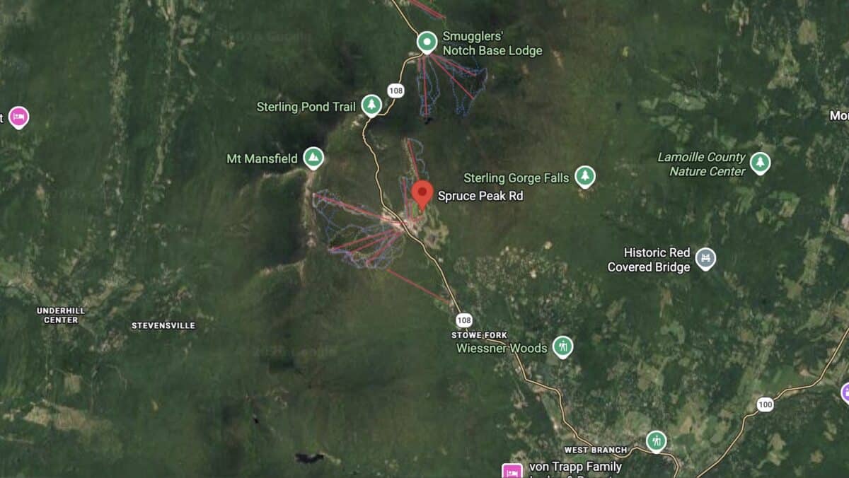 Map showing Sterling Gorge Falls and nearby landmarks in mountain area.