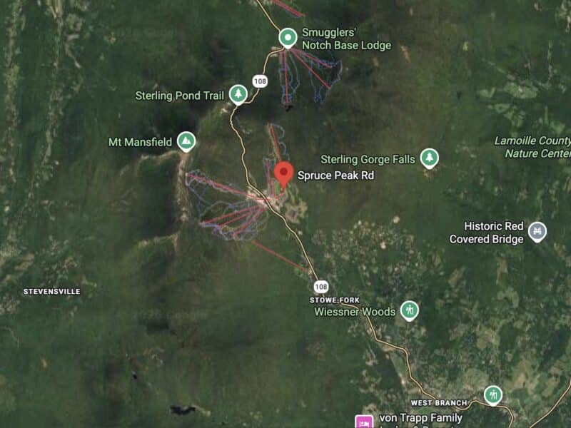 Map showing Sterling Gorge Falls and nearby landmarks in mountain area.