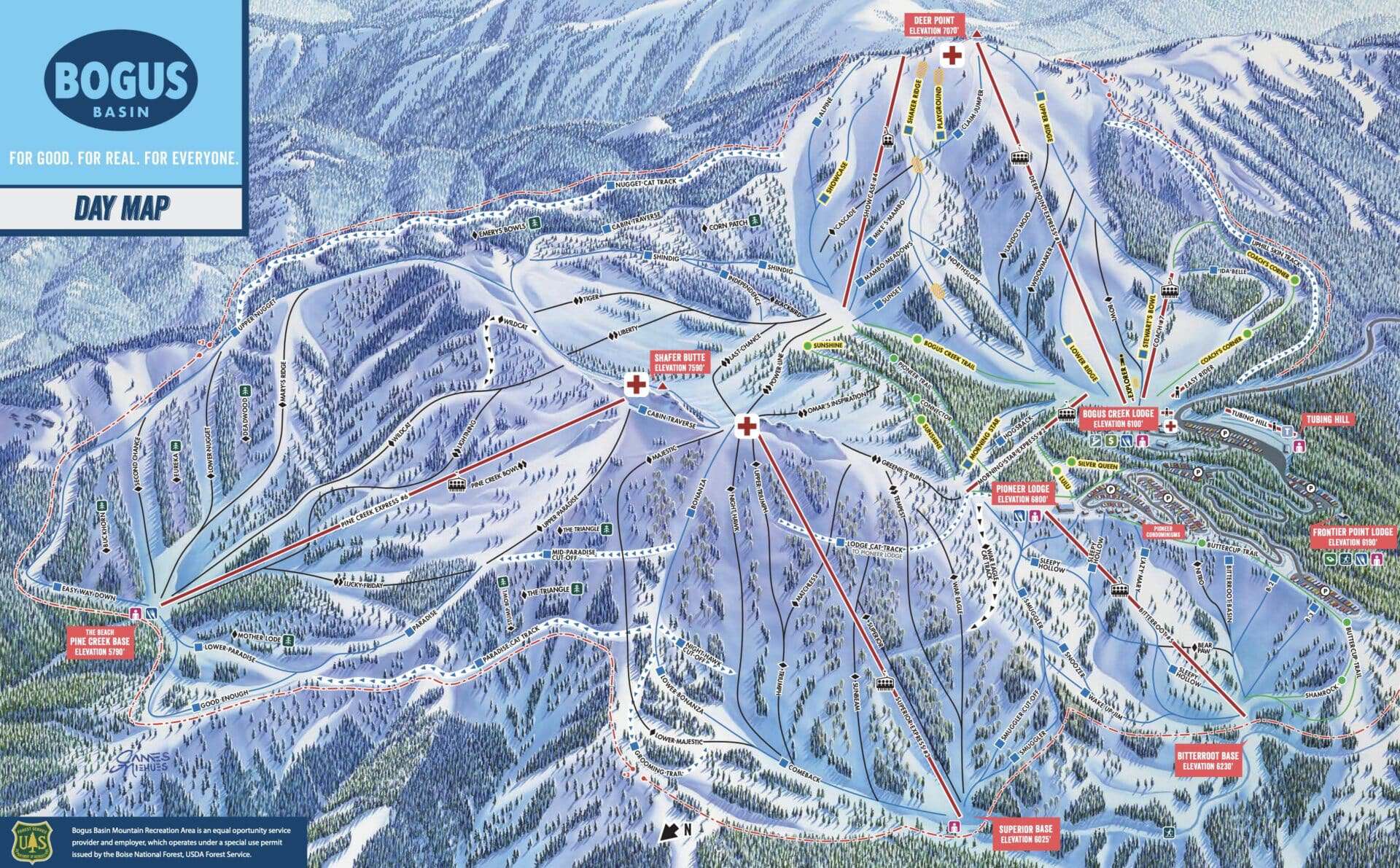 Detailed trail map of Bogus Basin ski area with various ski runs and lifts.