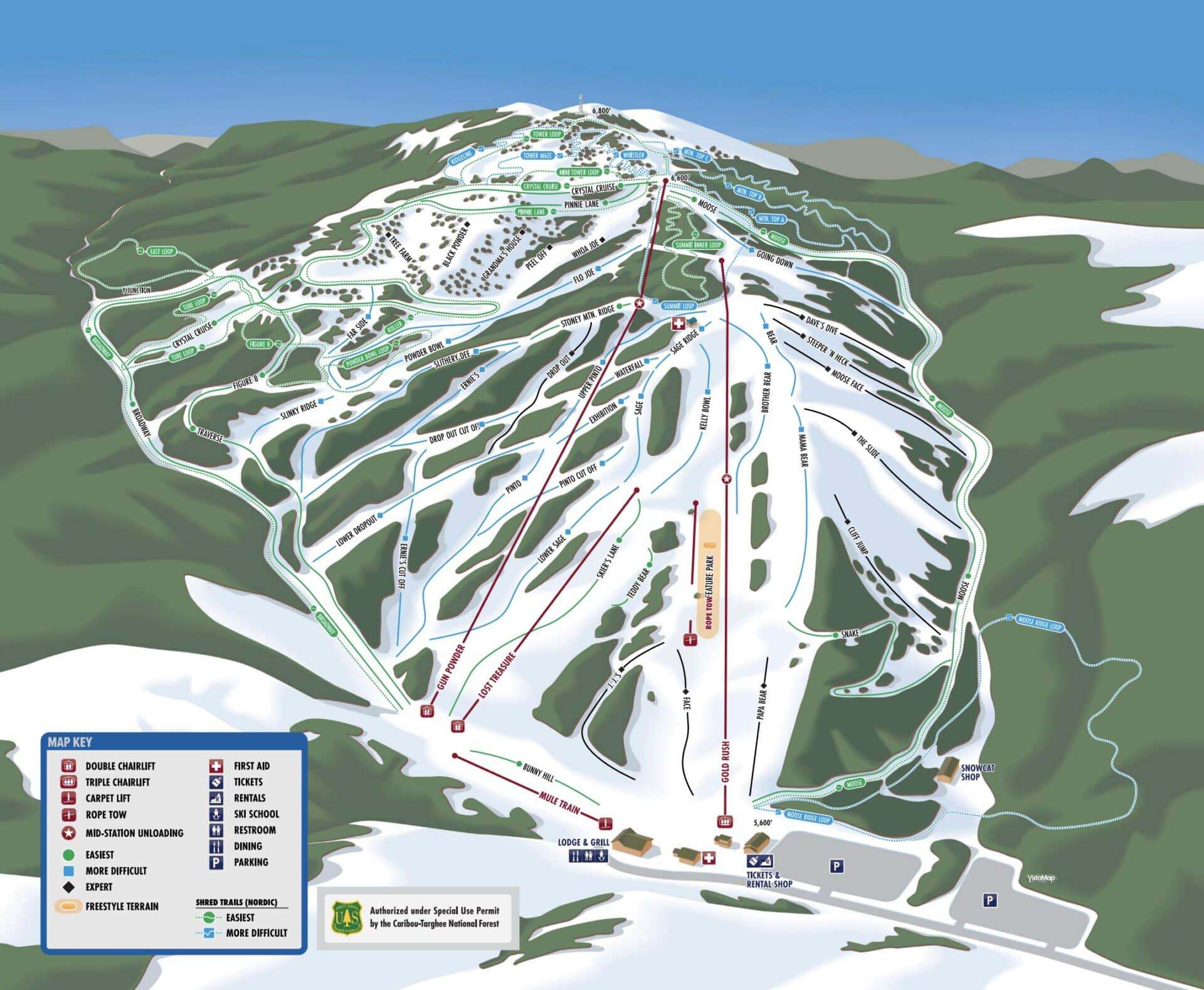Detailed ski resort trail map showing slopes, lifts, and facilities.