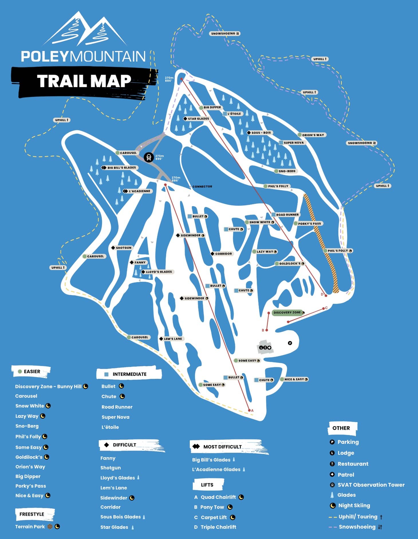 Trail map of Poly Mountain with various difficulty levels and landmarks.