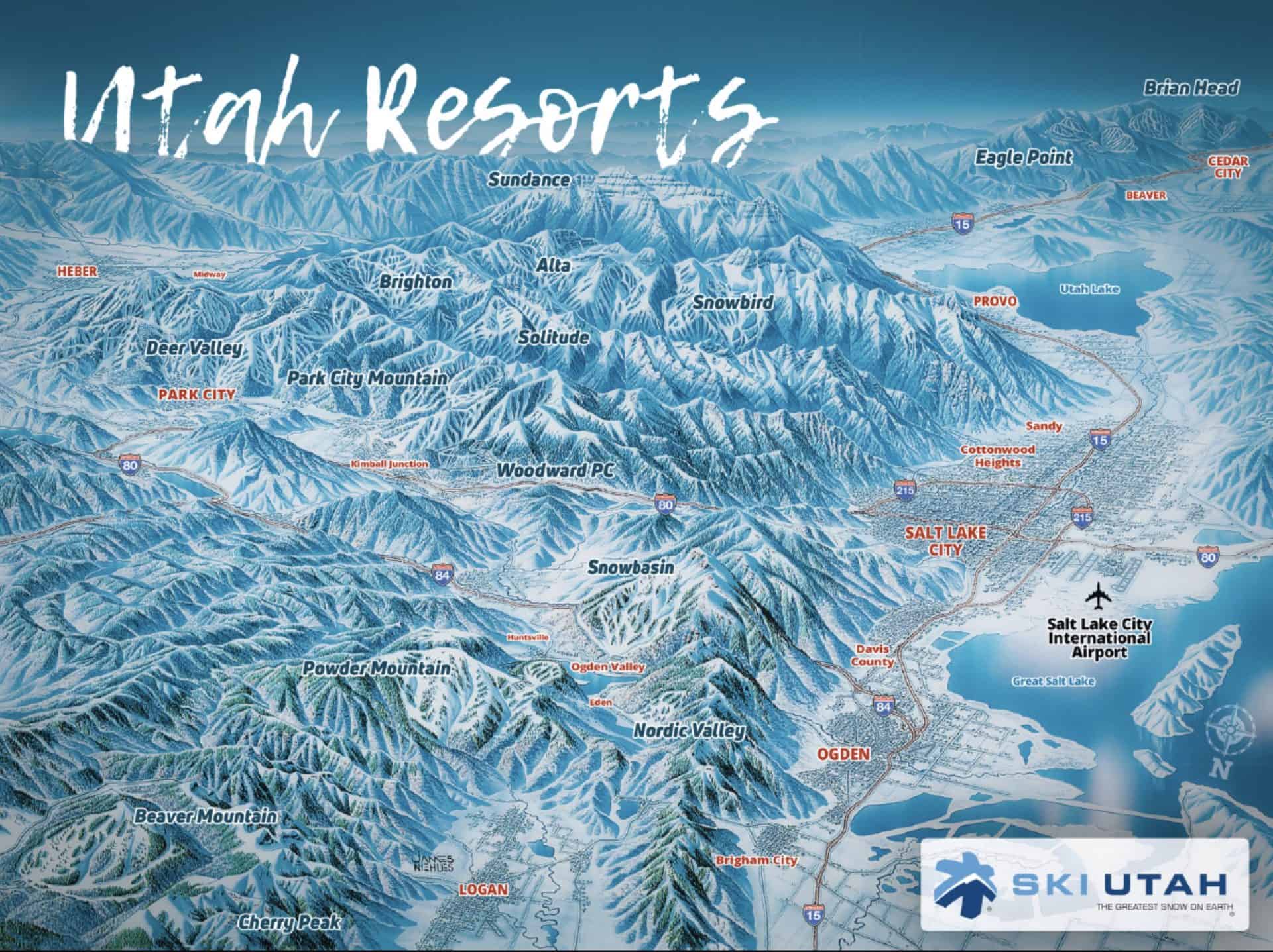 Map of Utah resorts and outdoor attractions in mountain regions.