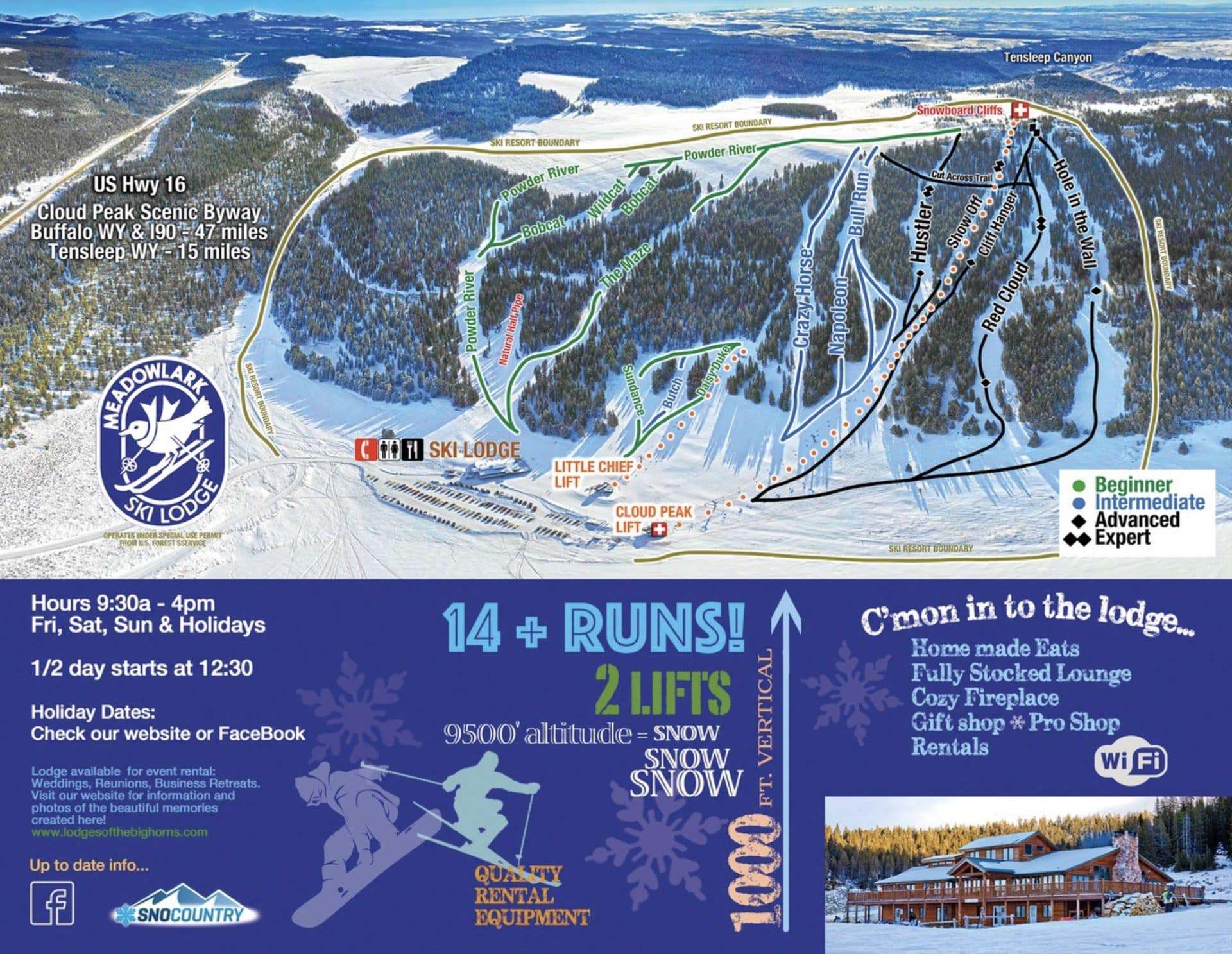 Trail map of Cloud Peak Ski Resort with lifts, terrain, and facilities.