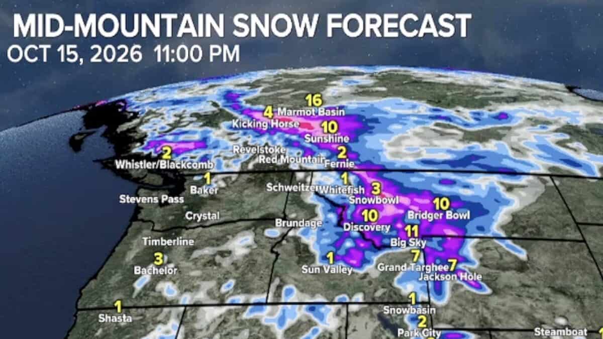 Color-coded snow forecast map for mid-mountain areas on October 15, 2026, at 11:00 PM.