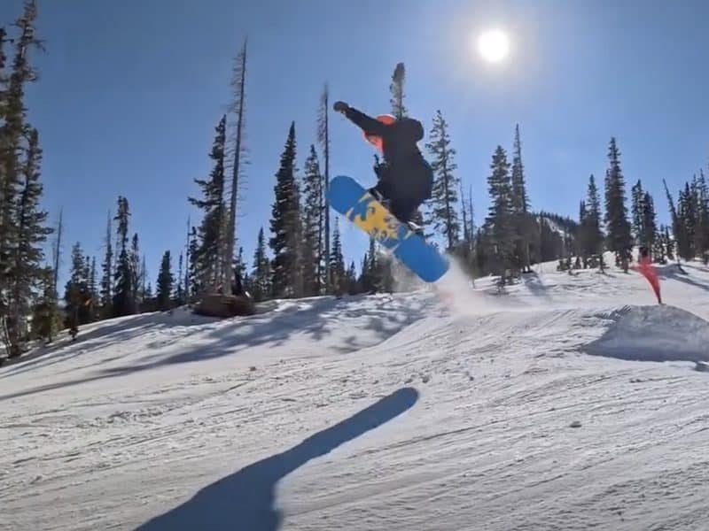 Snowboarder mid-air jump on snowy mountain with pine trees and sun.