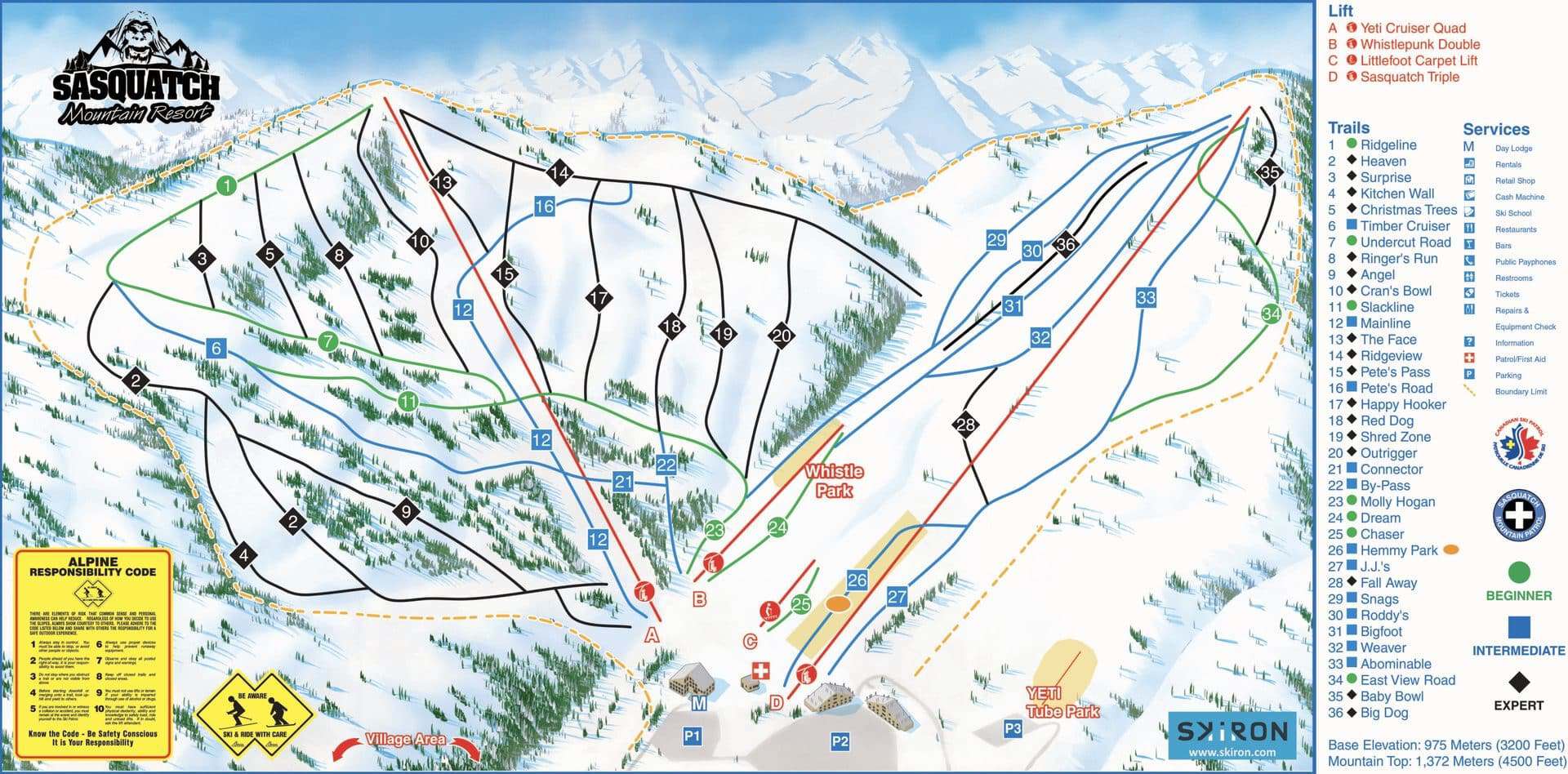 Ski resort trail map in British Columbia with various ski runs and lifts.