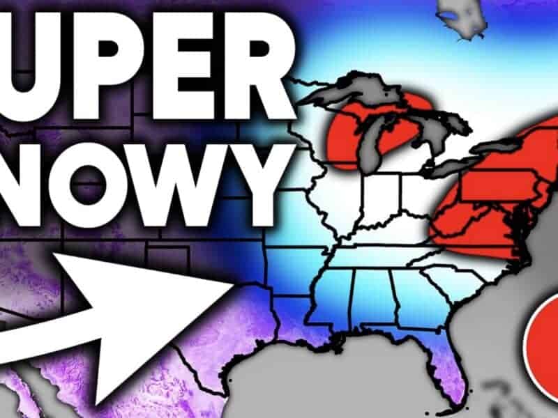 Map showing heavy snowfall in eastern US and lighter snow in the Midwest and West.