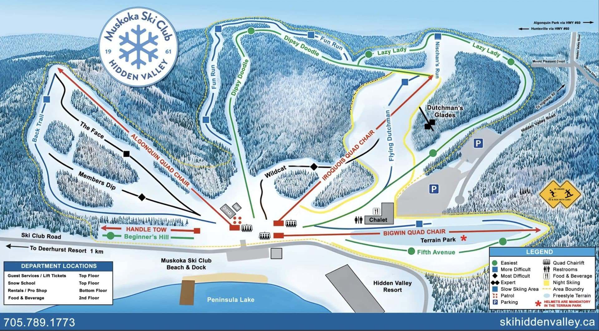 Detailed trail map of Muskoka Ski Club with various ski runs and facilities.