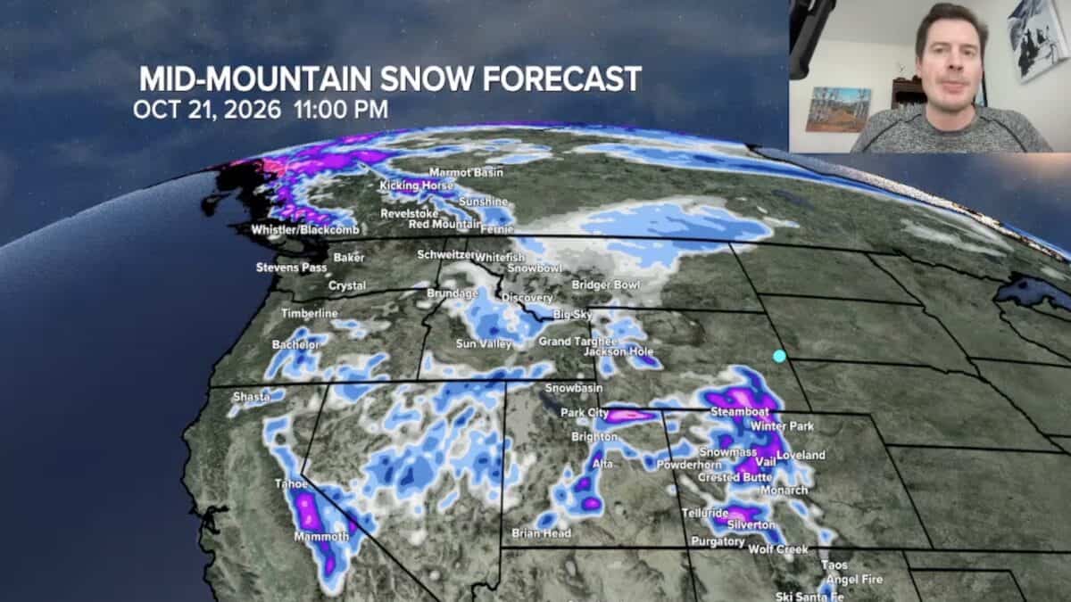 Mid-mountain snow forecast map for Colorado with snow accumulation areas highlighted.