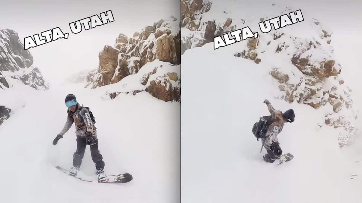 Snowboarder scores line down Main Chute @ Alta Ski Resort