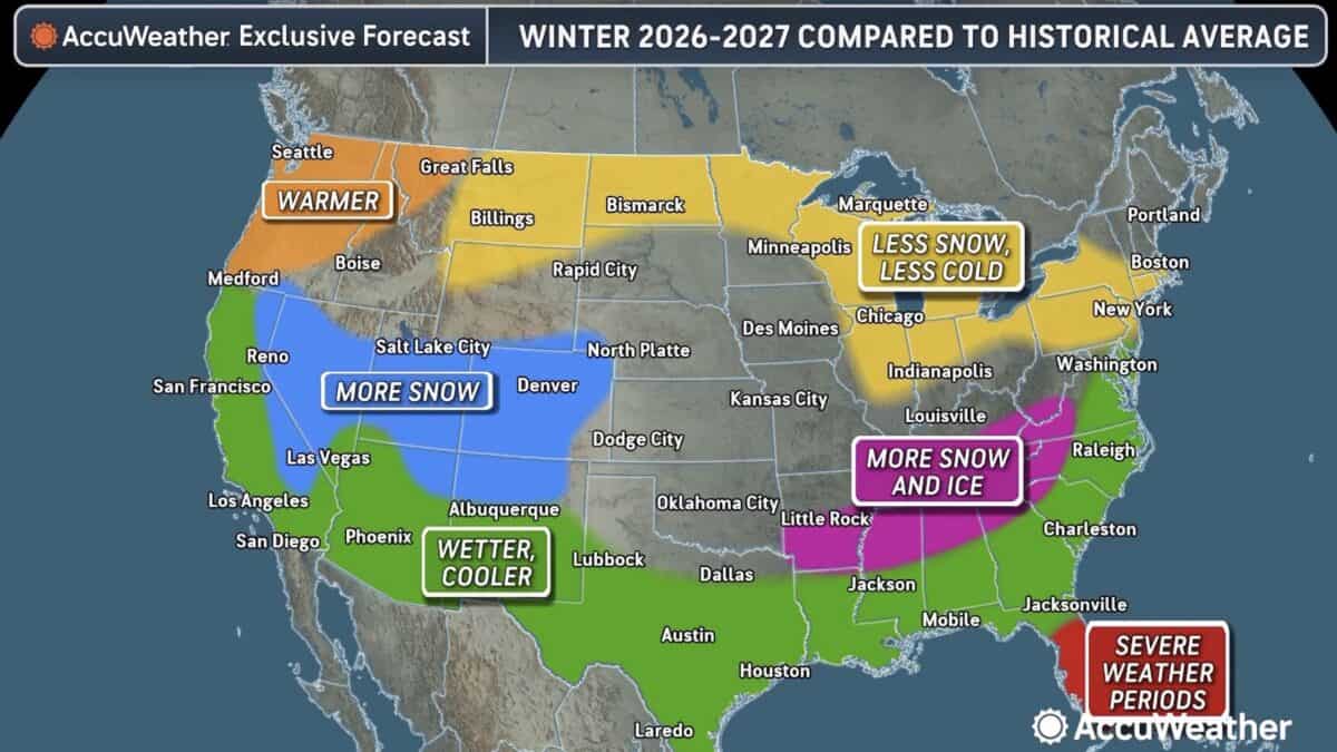 Map showing winter climate patterns across the US for 2026-2027.