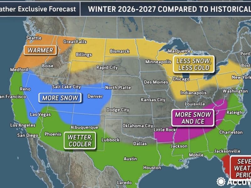 Map showing winter climate patterns across the US for 2026-2027.