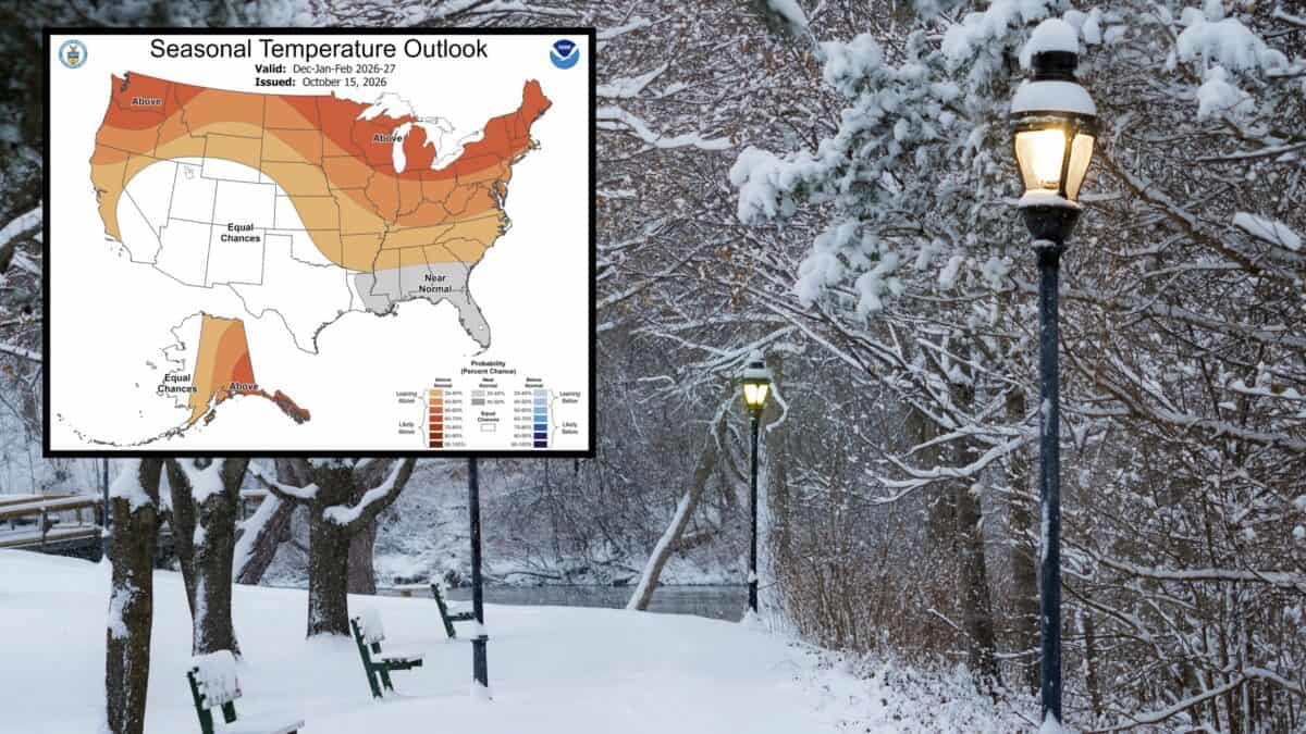 Map showing seasonal temperature outlook across the US with color codes.