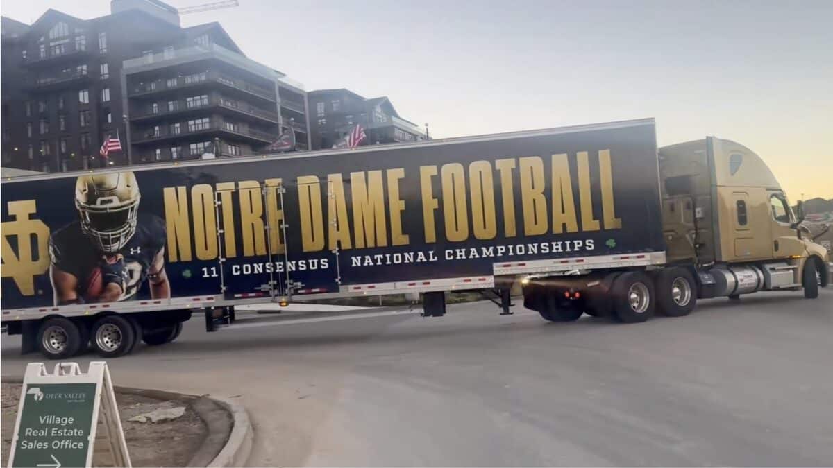 Notre Dame Football truck for national championships with team logo and branding.
