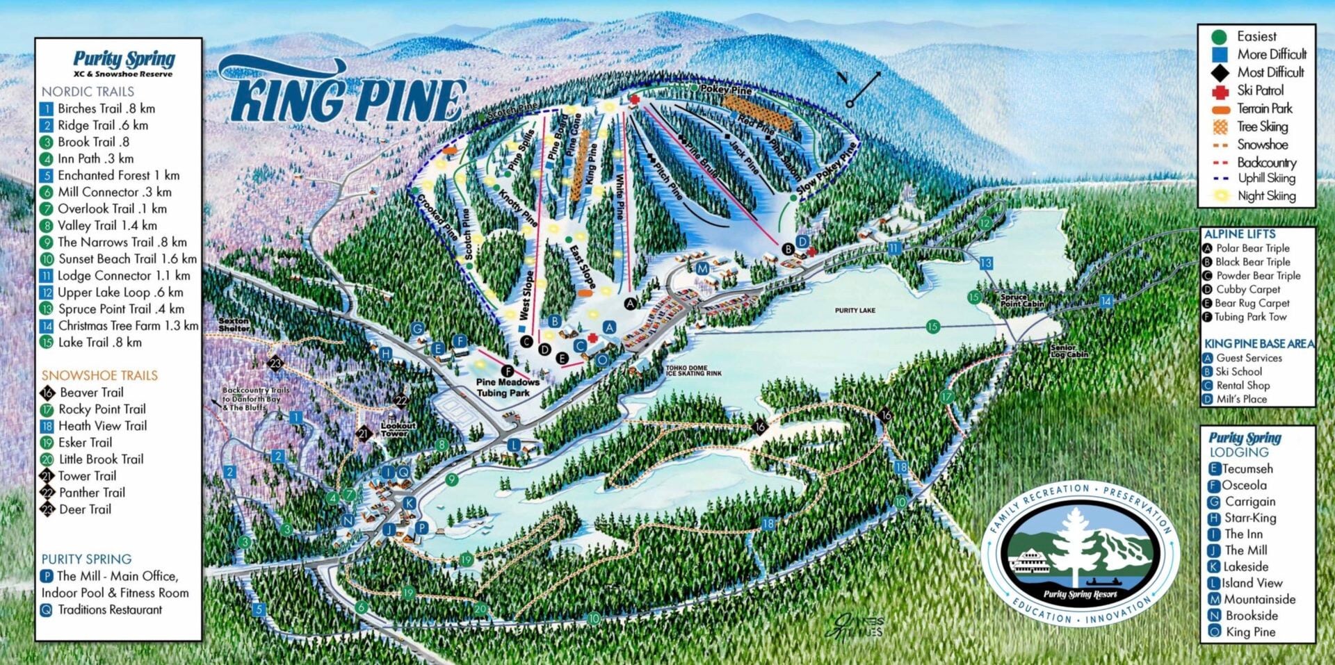 Detailed trail map of King Pine ski area with various trails and lifts.