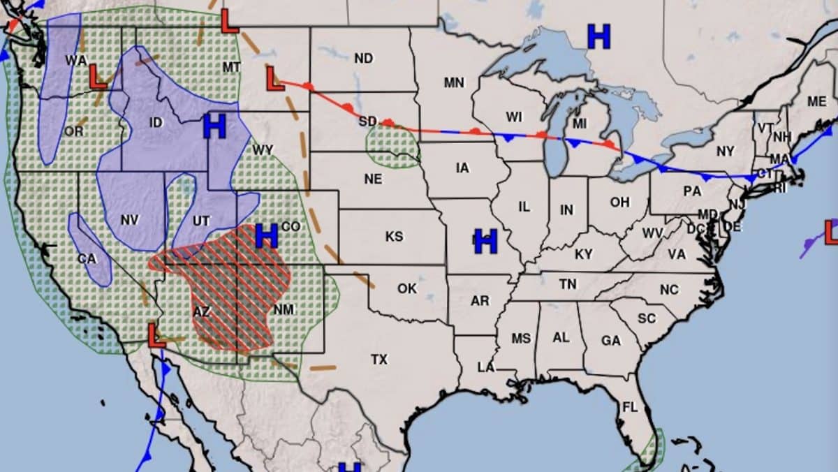 National weather map showing fronts, high and low-pressure systems across the US.
