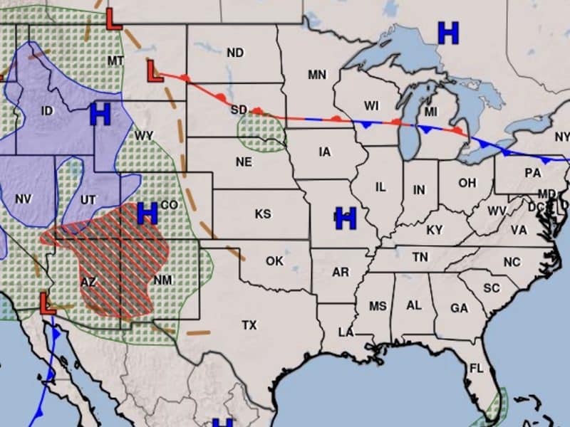 National weather map showing fronts, high and low-pressure systems across the US.