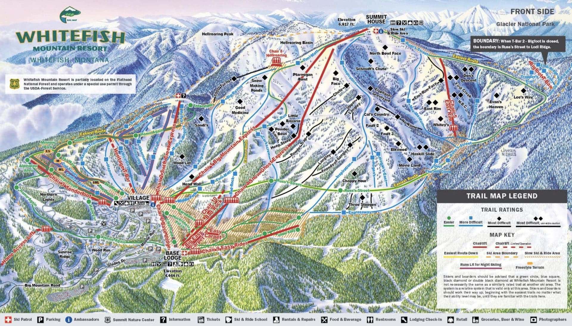 Detailed trail map of Whitefish Mountain Resort with ski runs and lifts.