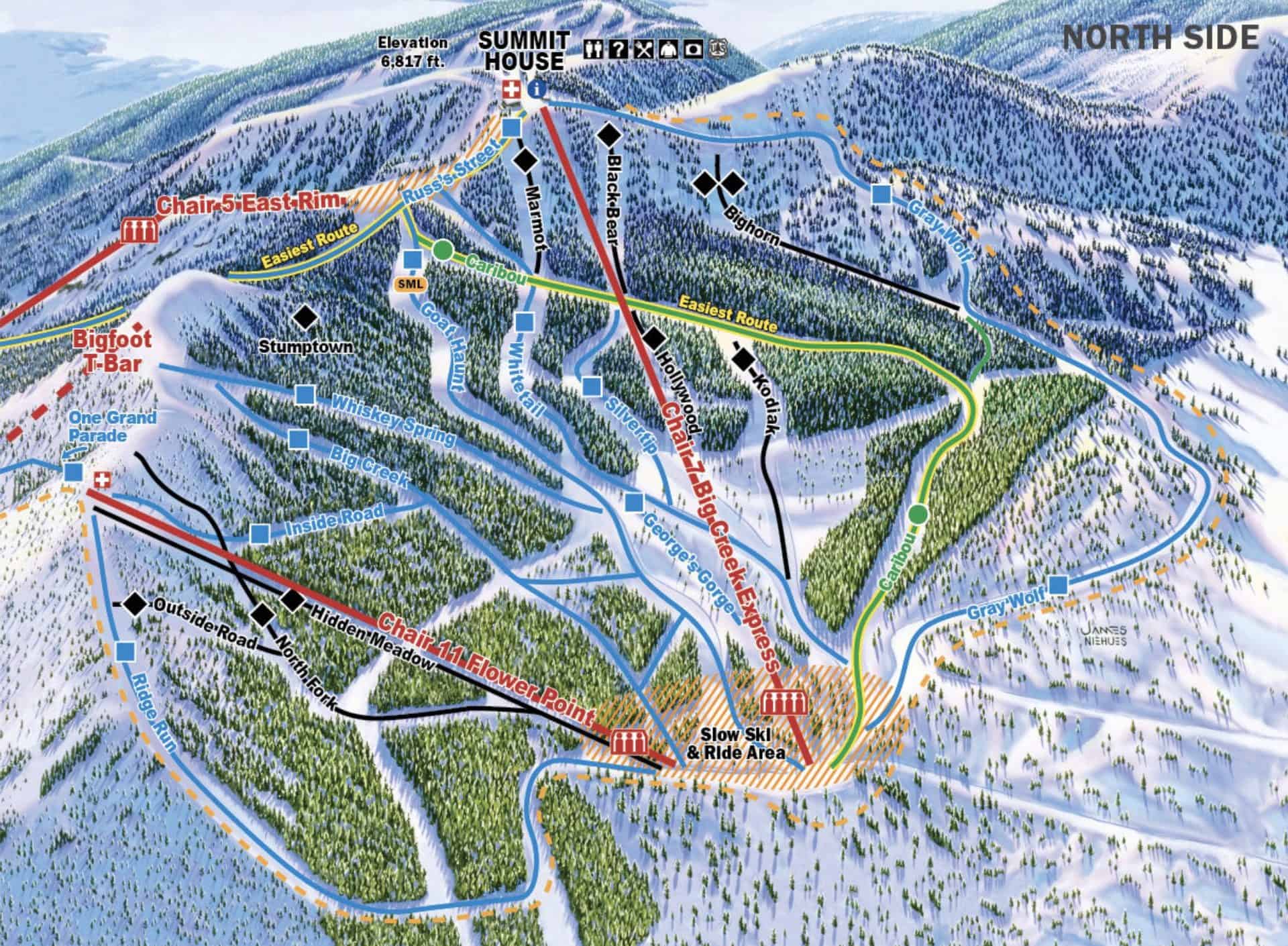 Detailed ski trail map showing various slopes, lifts, and facilities at the mountain resort.