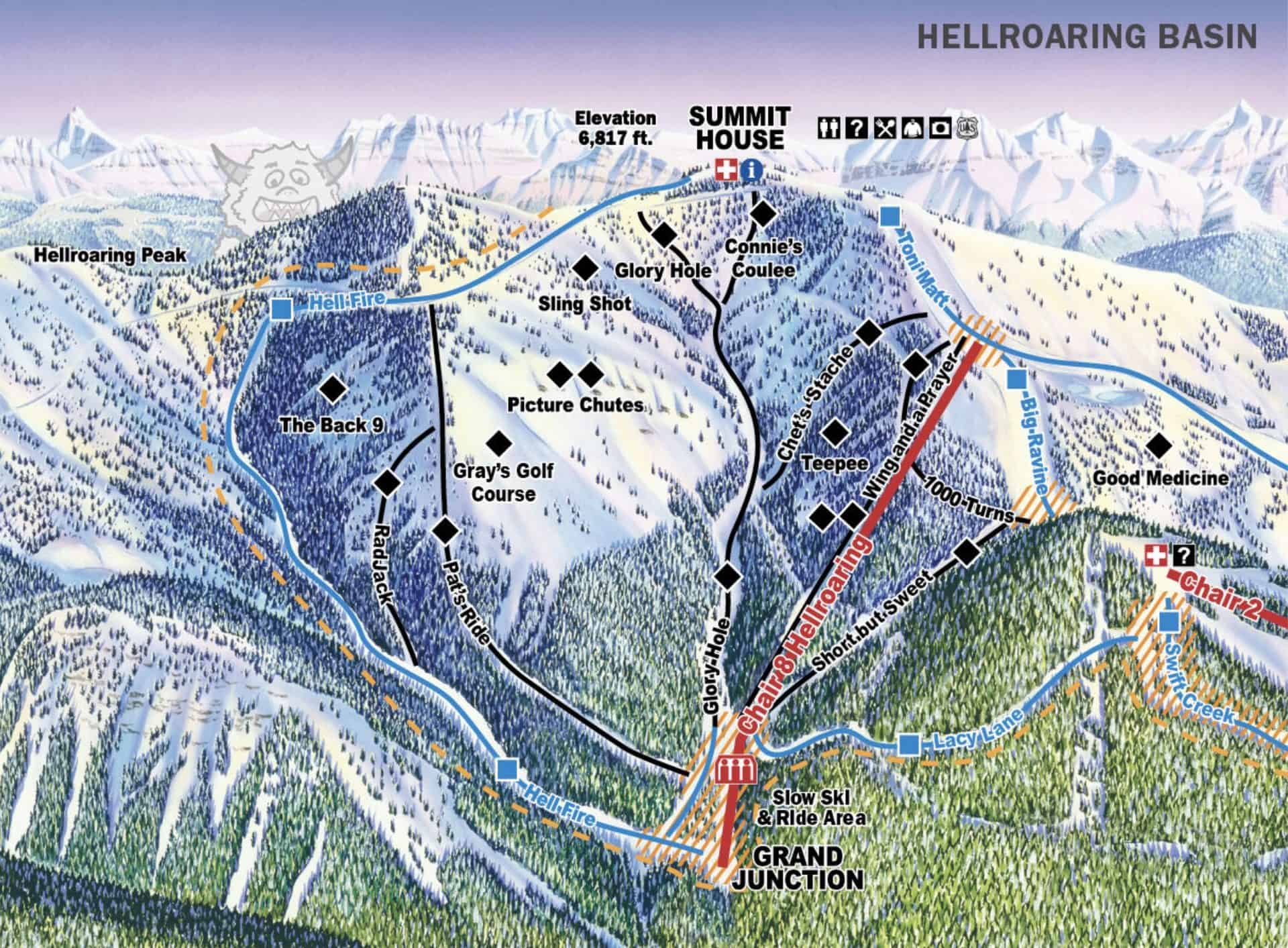 Map of Hellroaring Basin with ski trails, lifts, and landmarks.