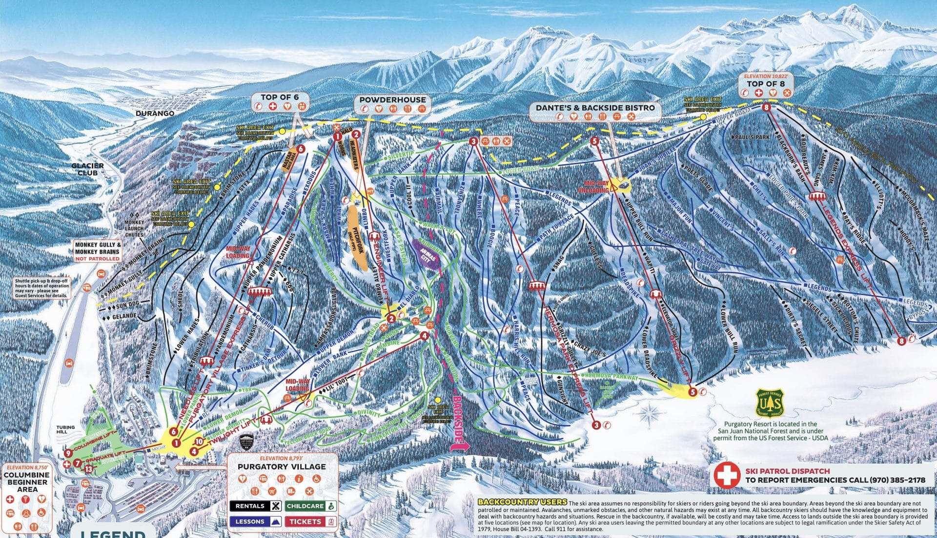 Detailed ski resort trail map with various slopes, lifts, and facilities.