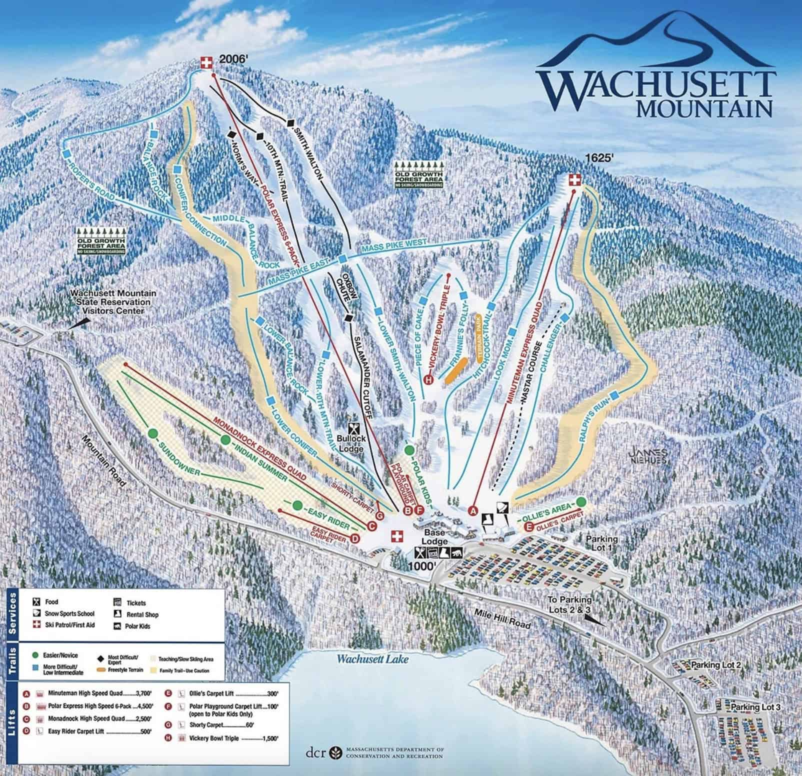 Wachusett Mountain ski resort trail map with lifts and runs.