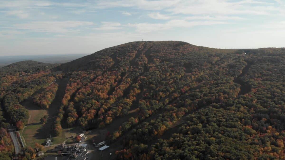 Aerial view of forested hills in autumn with orange and green foliage.