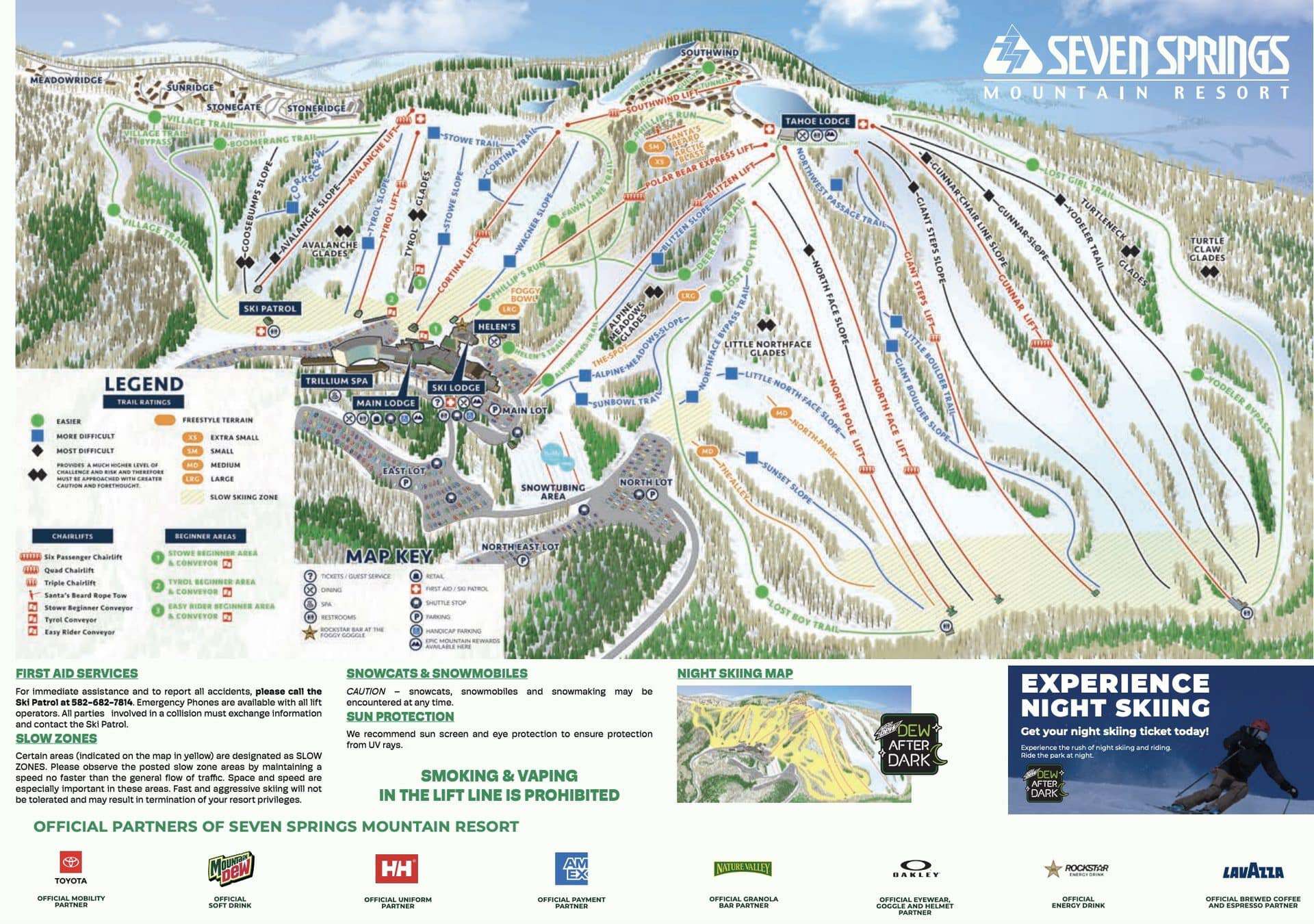 Seven Springs Mountain Resort trail map with ski runs and lifts labeled.