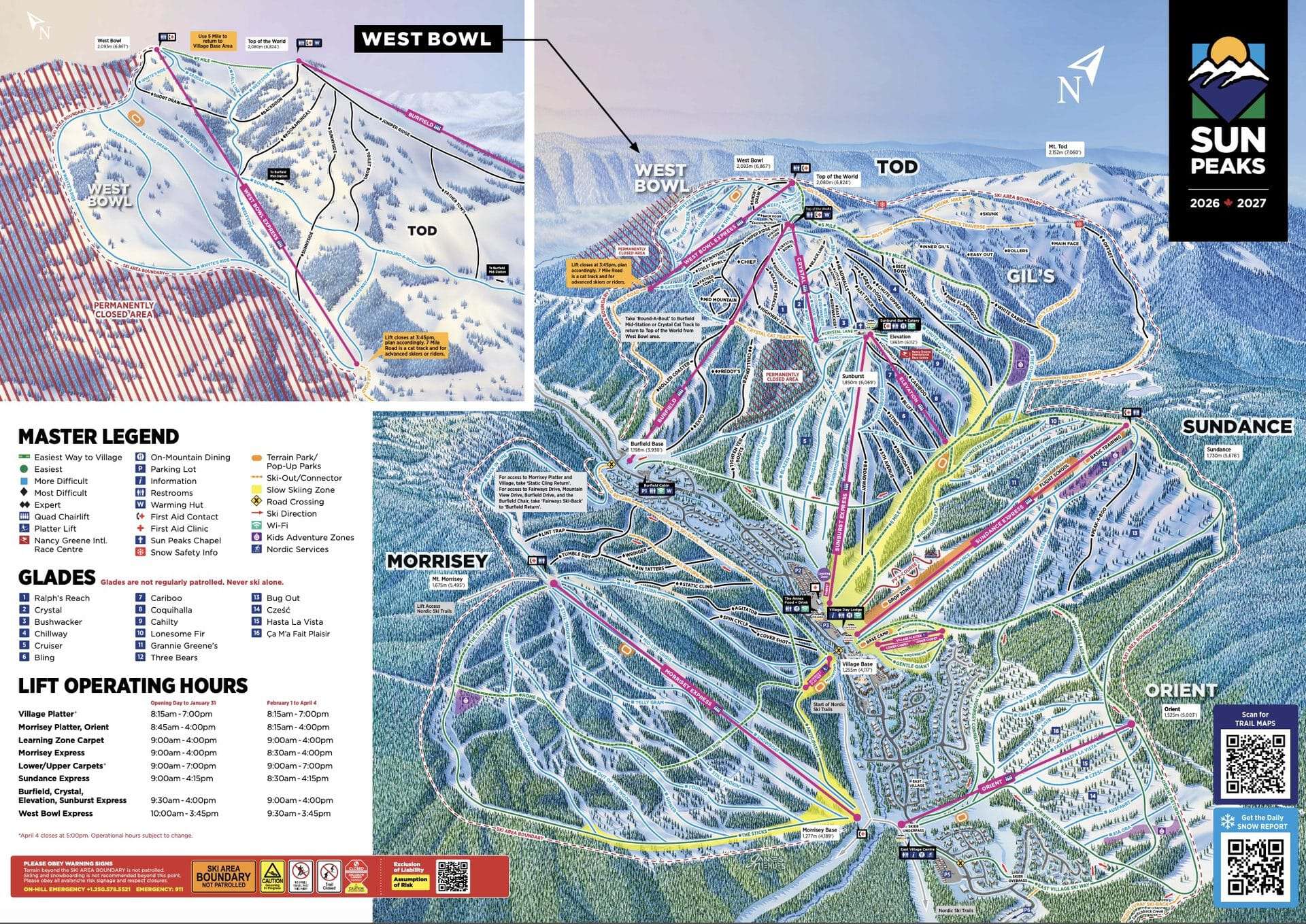 Map of ski trails and lifts at Canada's second-largest ski area with legend and lift hours.