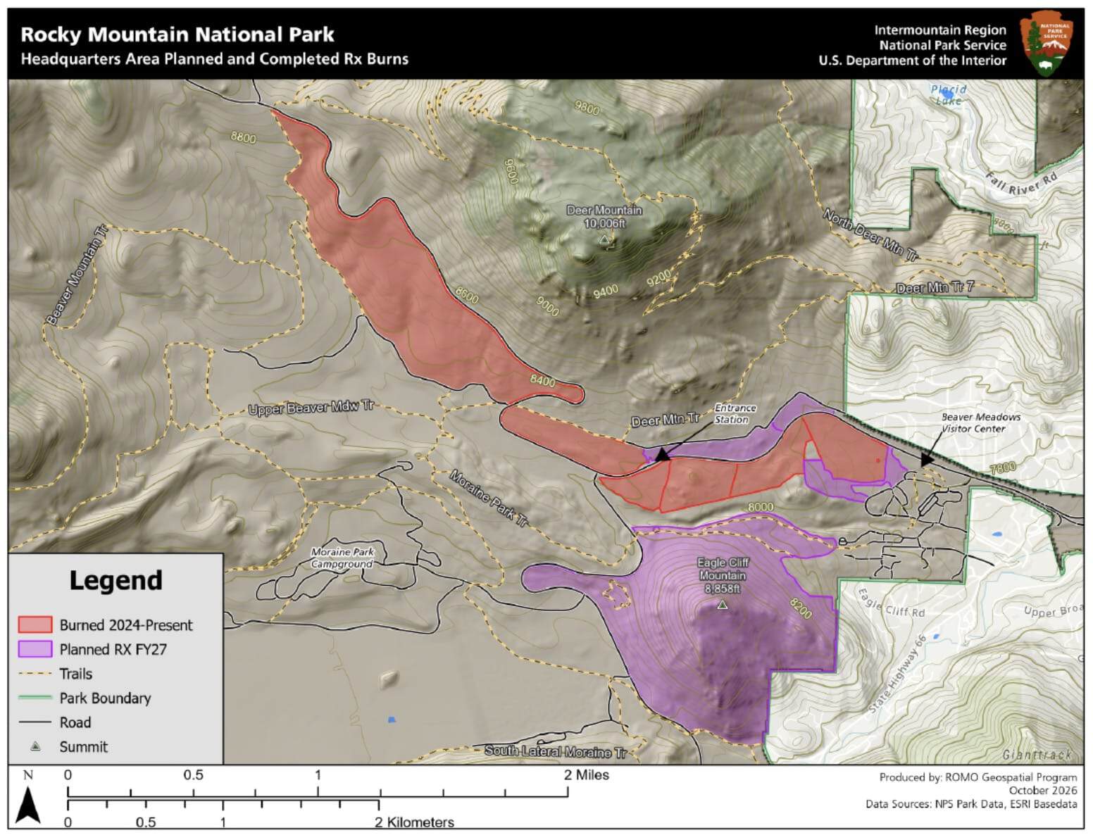 Previous and potential prescribed burns near Beaver Meadows Visitor Center in Rocky Mountain National Park.