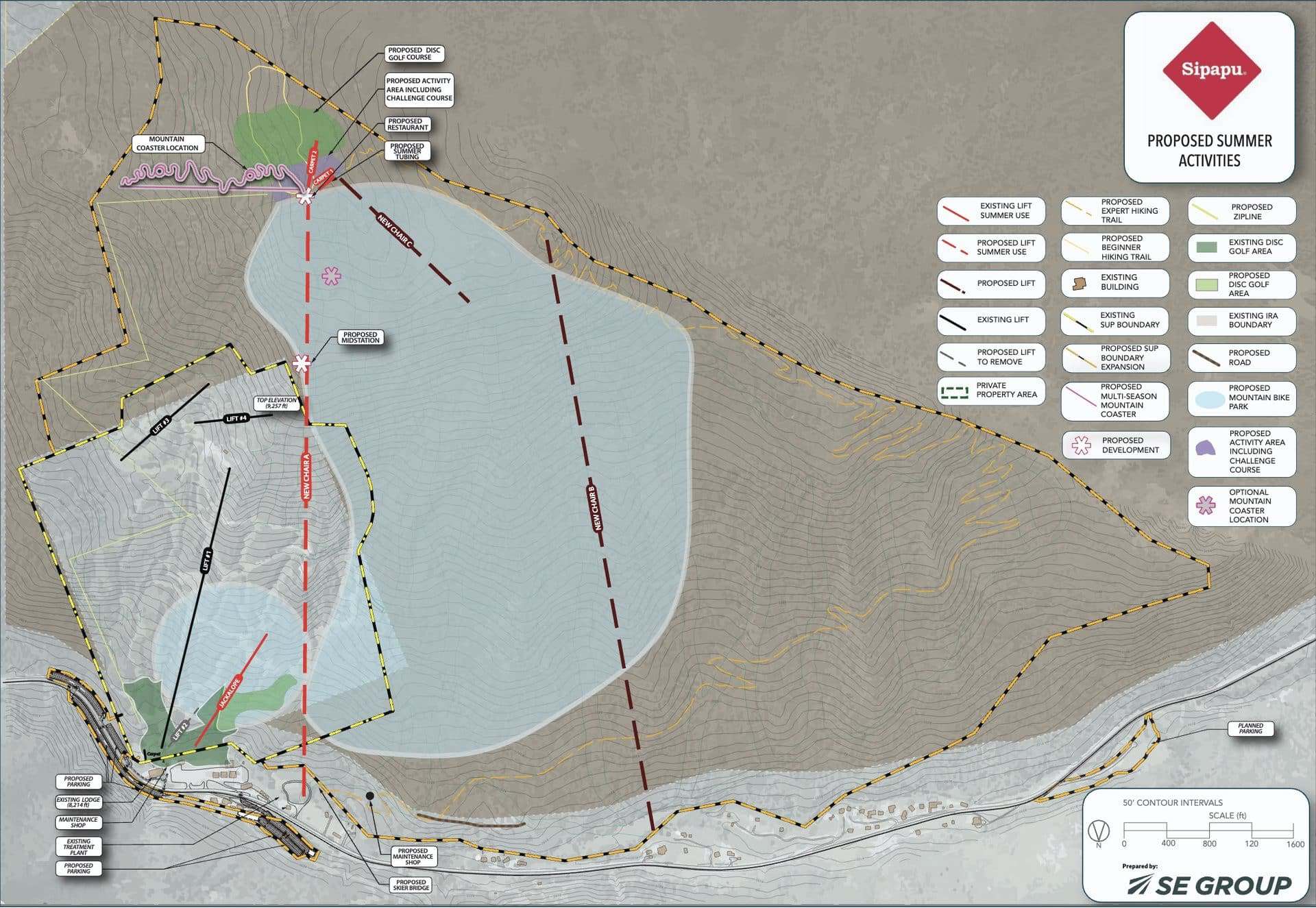 Trail and activity map of Sipapa site with lake, routes, and safety icons.
