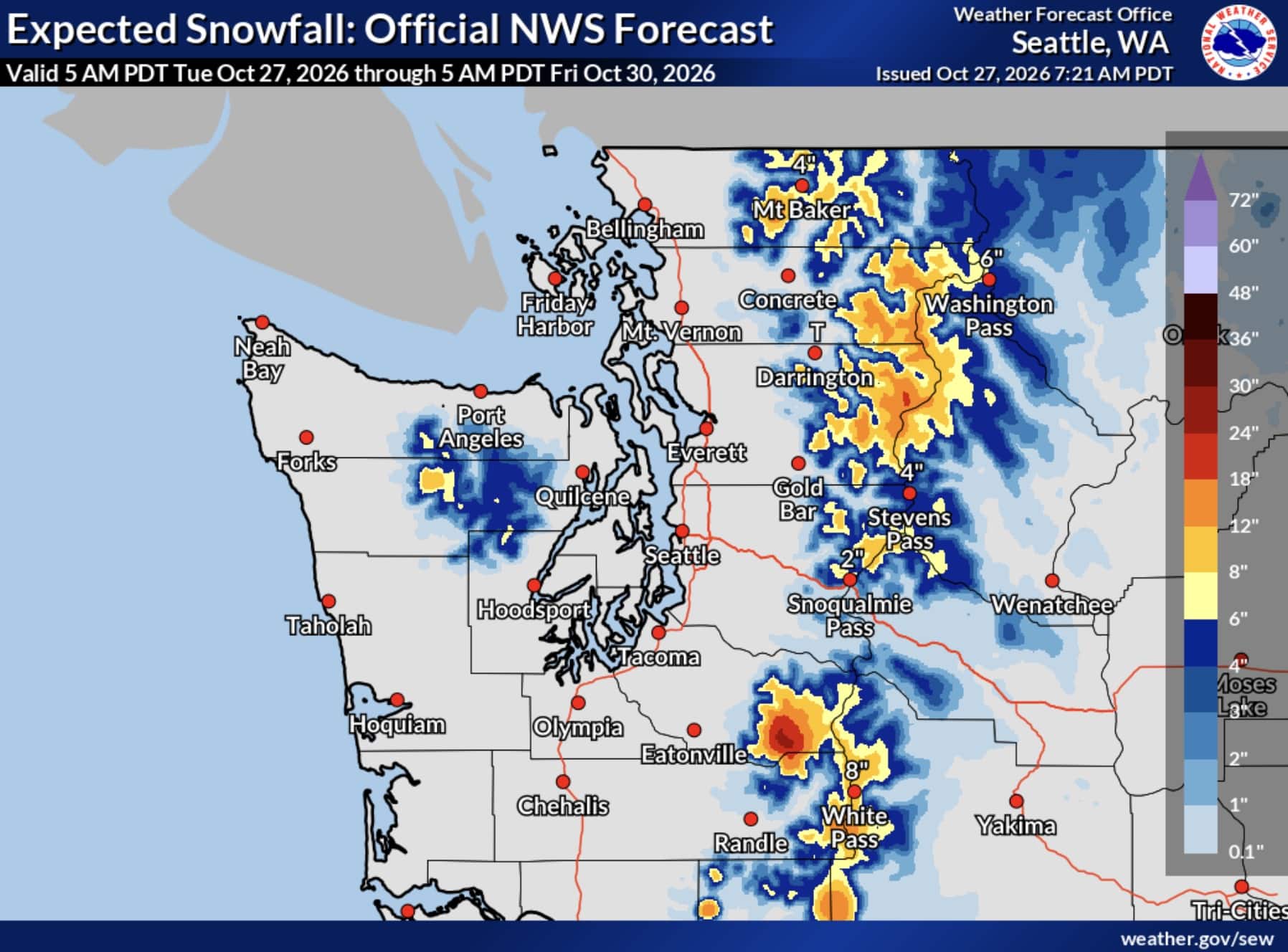 NWS Expected Snowfall Forecast for Washington State.
