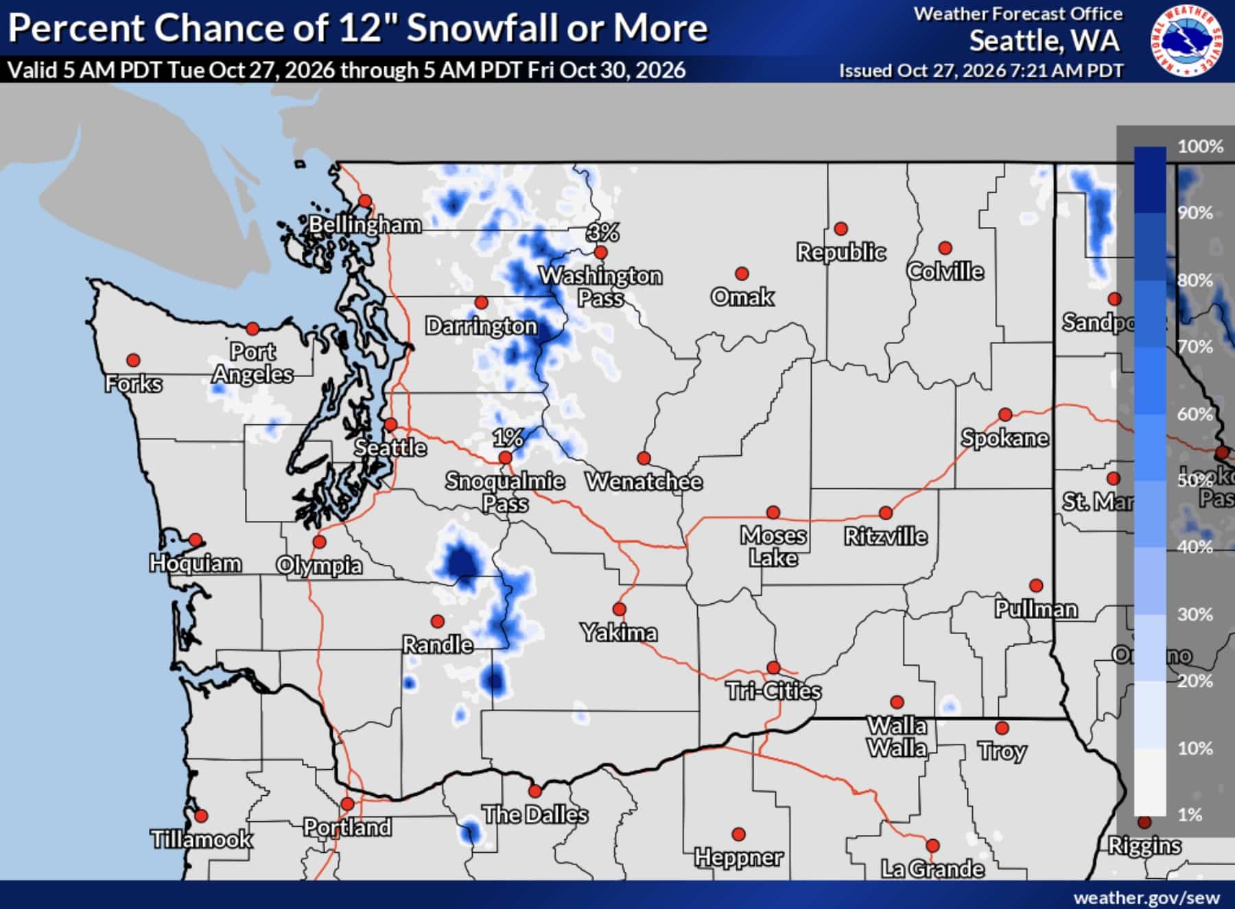 Percent Chance of 12" of Snowfall or More in Washington.