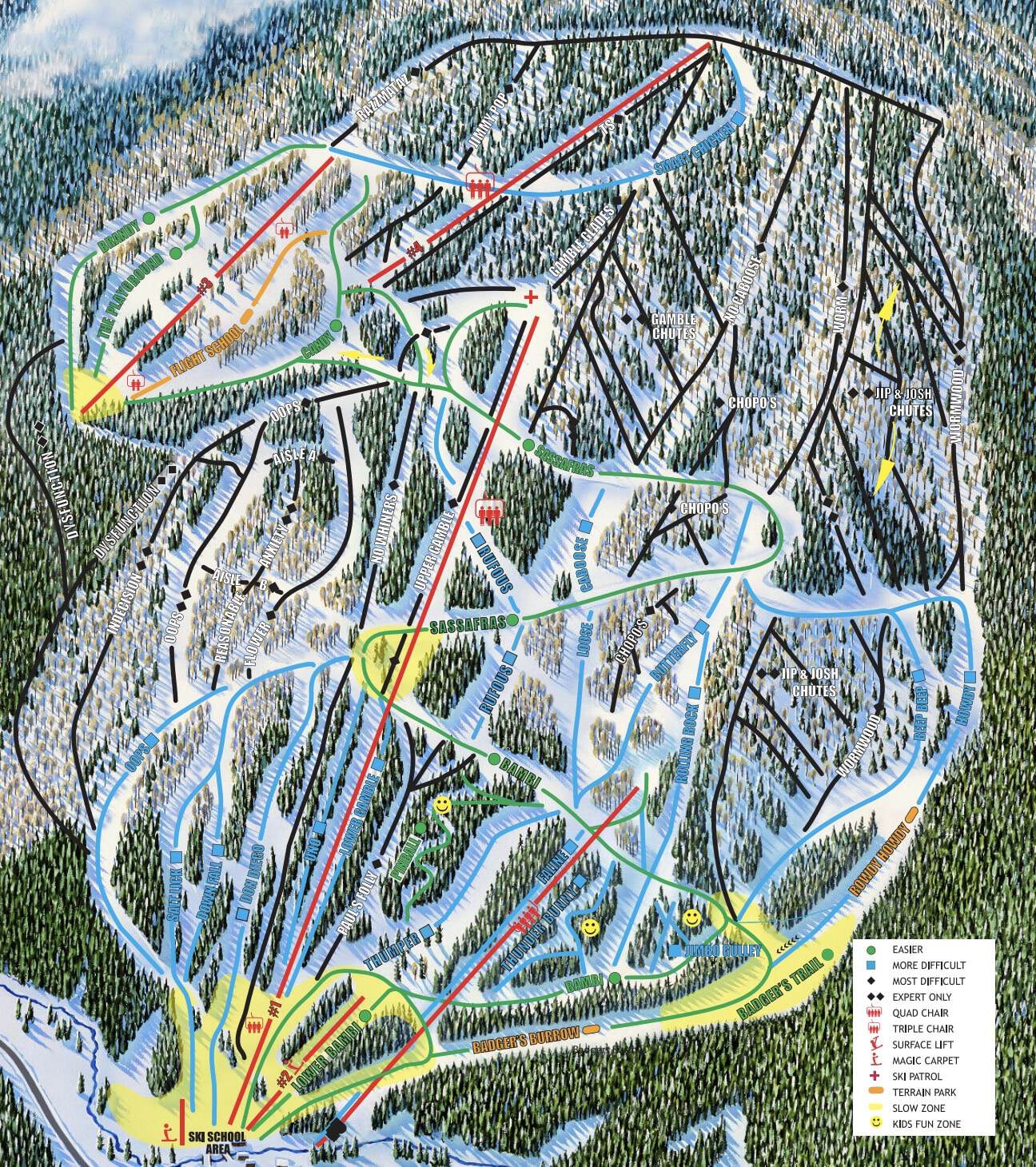A colorful ski resort map with multiple trails and lifts across snowy forest terrain.