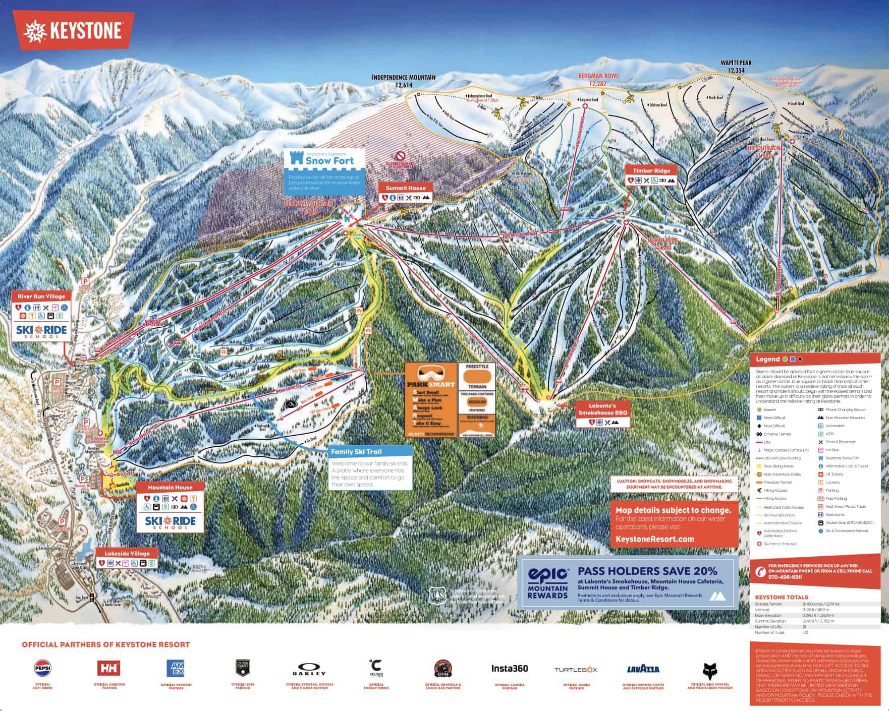 Keystone Resort trail map with ski runs and lifts in a snowy alpine landscape.