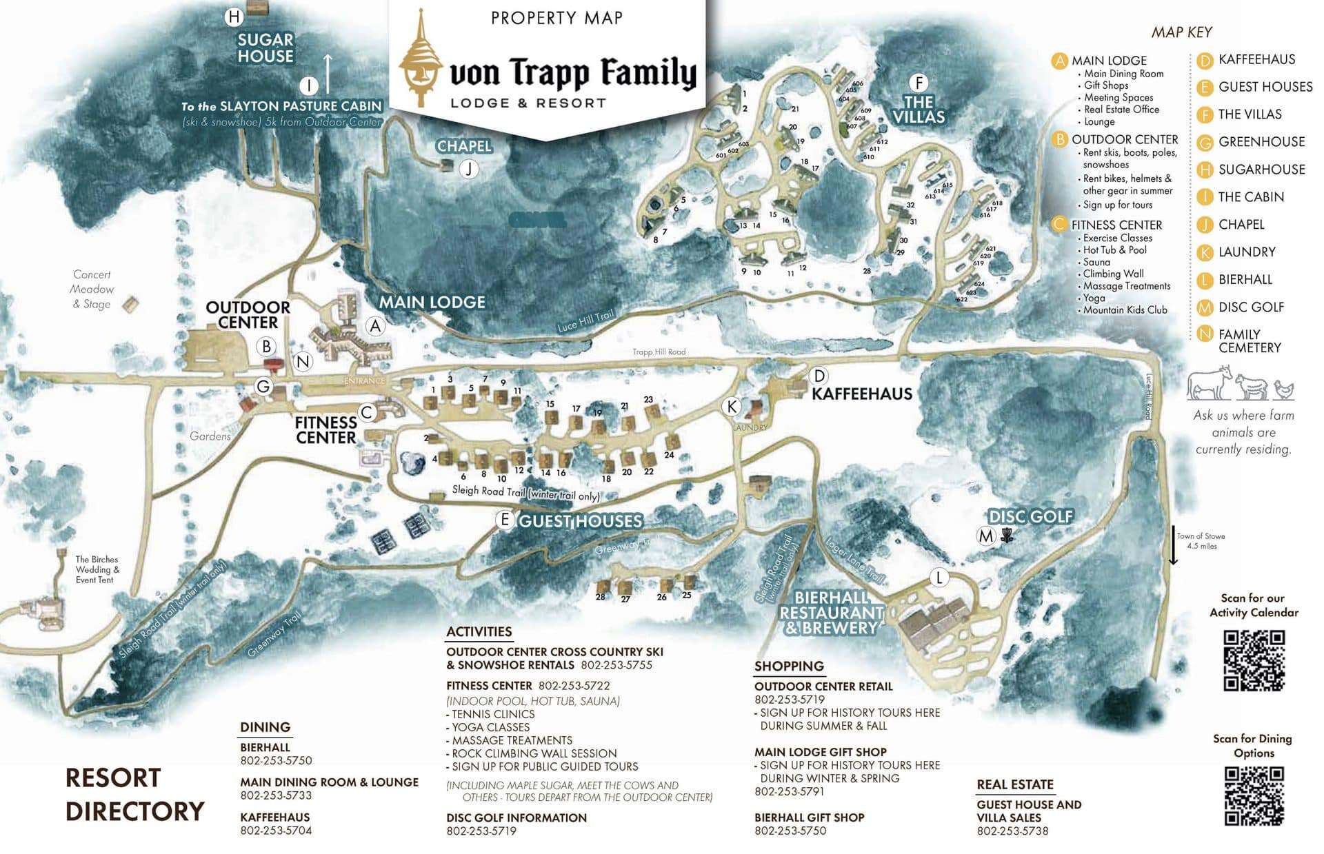 Map of Trapp Family resort area with trails, lodges, and facilities.
