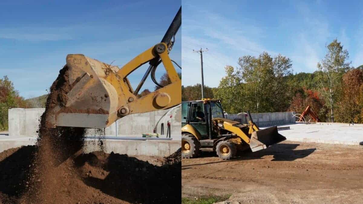 Excavator and loader working on construction site with dirt and machinery.