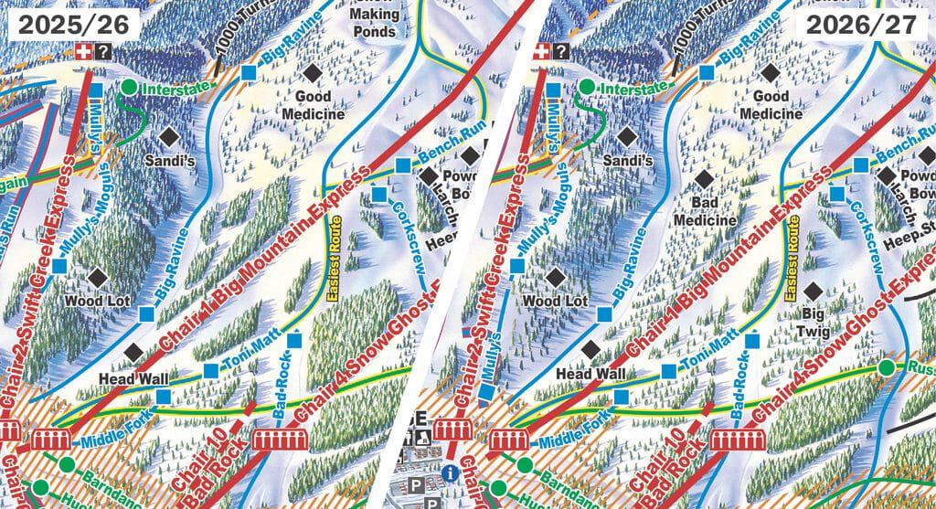 Map showing new glades added to Montana's ski resort for 2026-27 season.